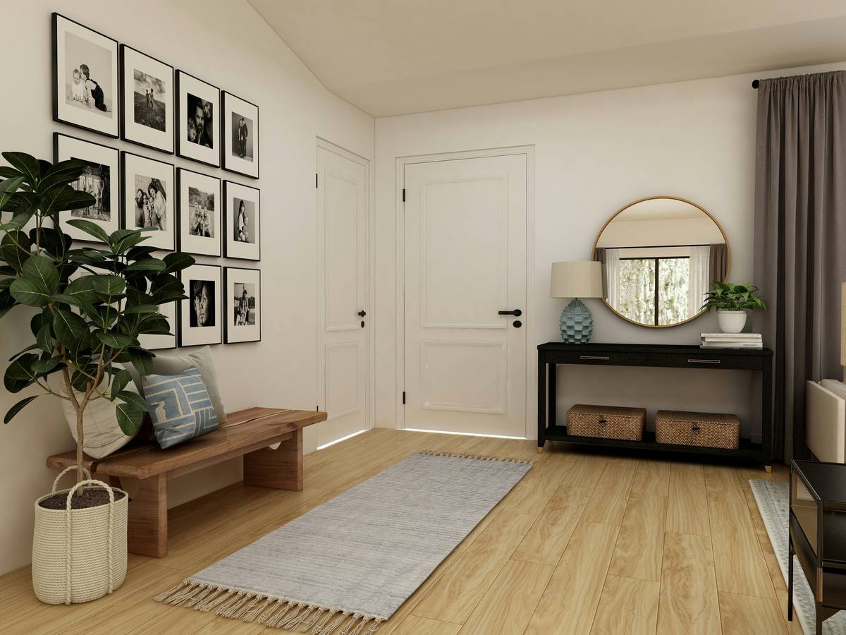 farmhouse style entryway furniture with bench, hooks, and storage cubbies